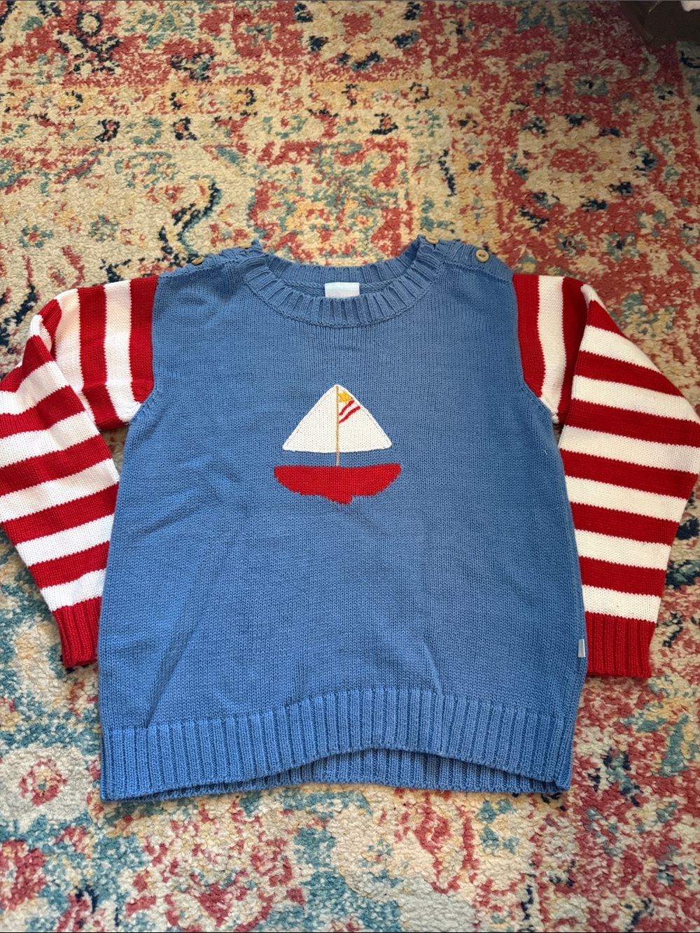 bella bliss Blue Sweater with Red and White Striped Sleeves and Sailboat